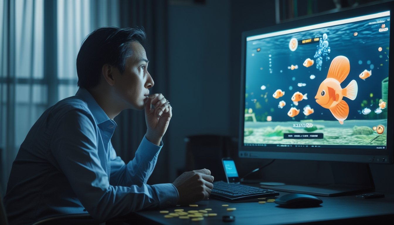 Seseorang tampak merenung di depan monitor yang menampilkan permainan ikan berwarna-warni.