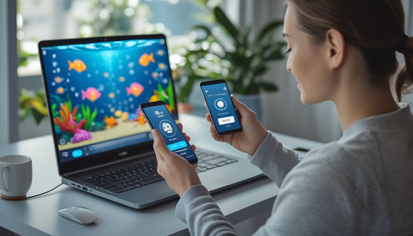 Seseorang menggunakan ponsel untuk melakukan pembayaran sambil memainkan game ikan di laptop.