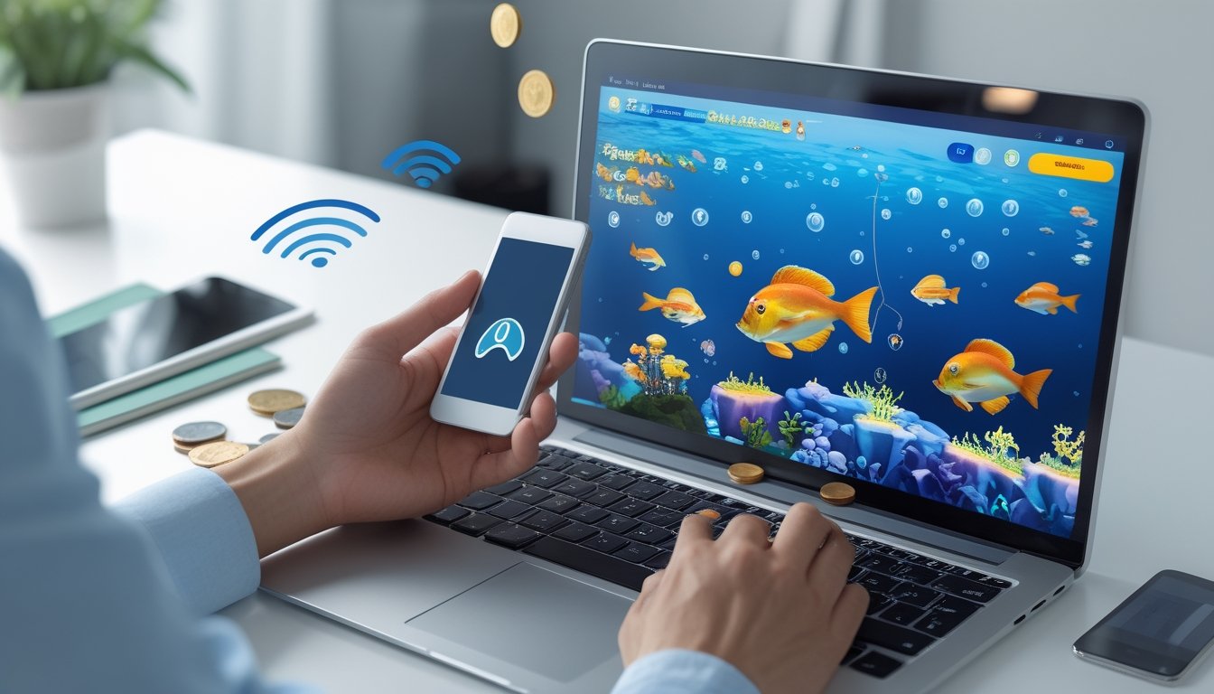 Seseorang menggunakan ponsel untuk bermain gim memancing daring dengan pilihan pembayaran digital di dekatnya.