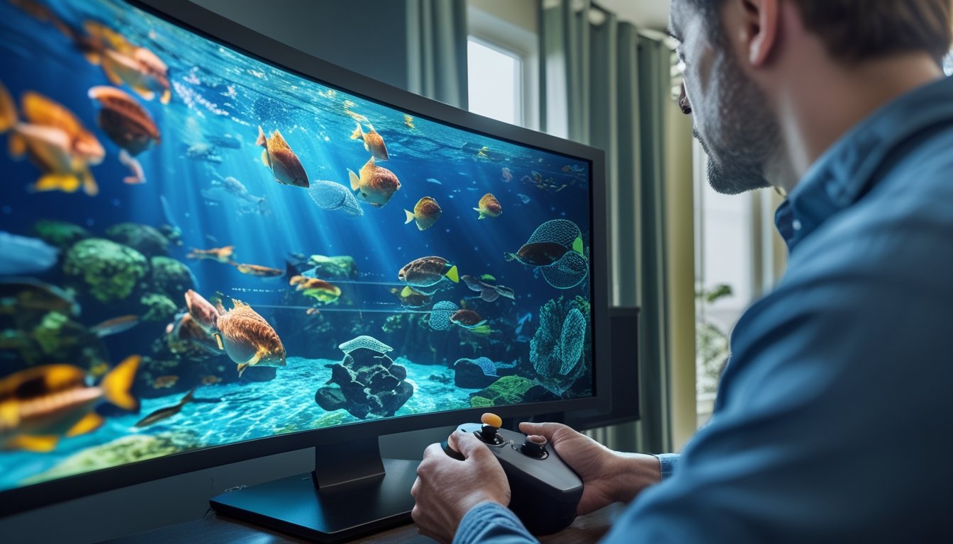 Seseorang memainkan game tembak ikan dengan pemandangan bawah laut berwarna-warni.