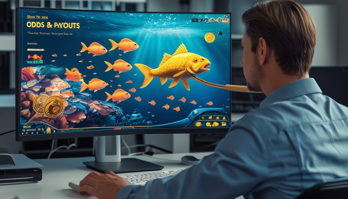 Seorang pemain melihat ikan besar di layar permainan tembak ikan.