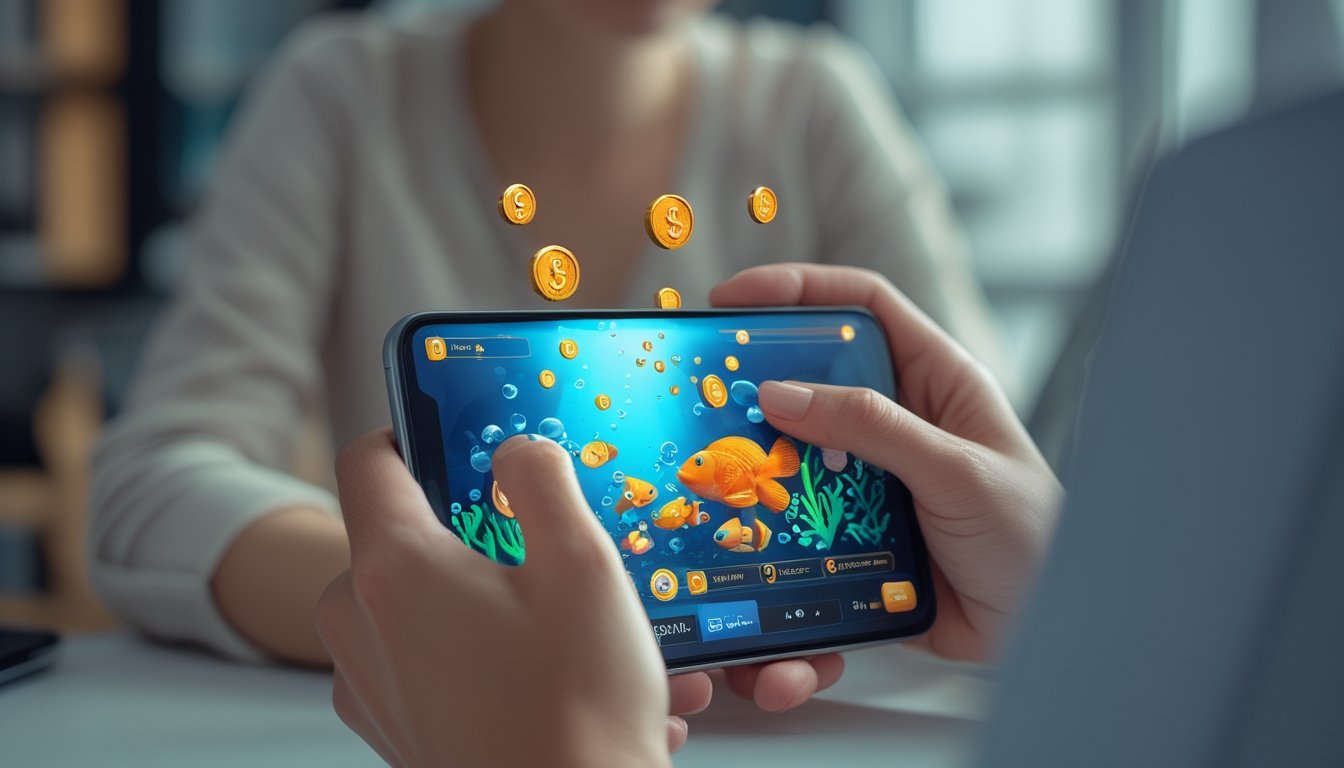 Seseorang memainkan game tembak ikan di ponsel dengan tampilan ikan dan koin.