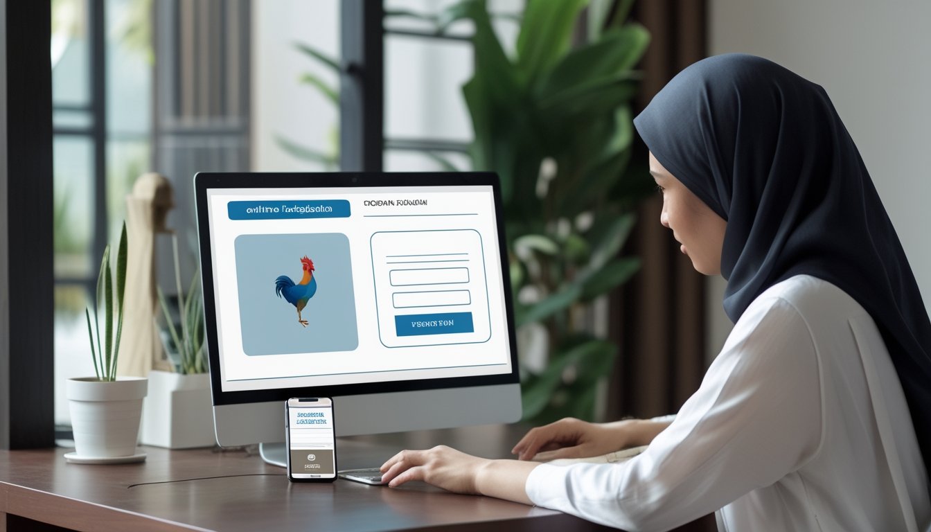 Seseorang menggunakan laptop dan ponsel di meja dengan ilustrasi dua ayam di dinding.