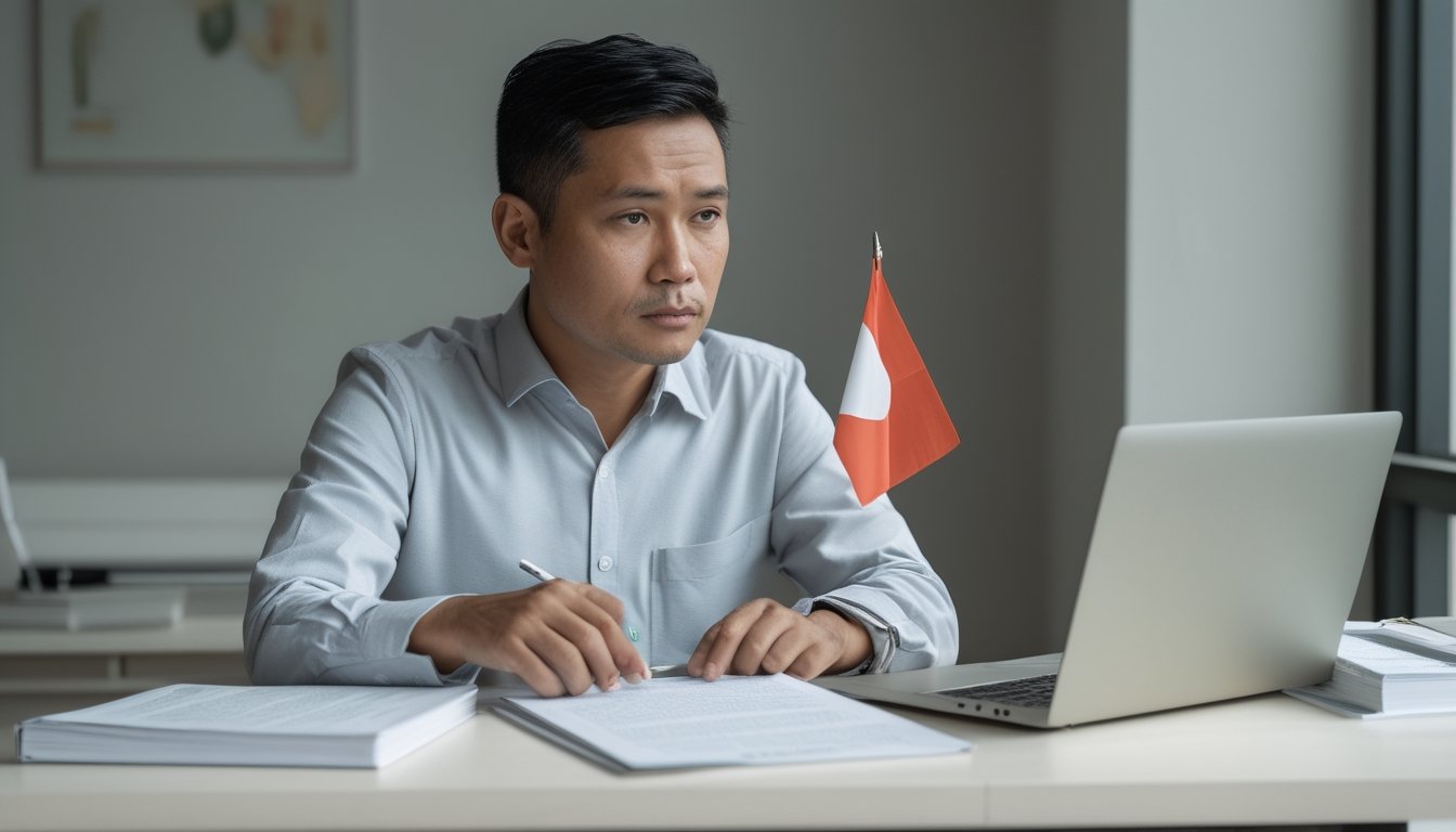 Seorang warga Indonesia meninjau dokumen hukum di samping laptop.
