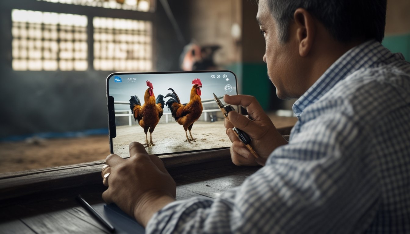 Seseorang mengamati siaran langsung dua ayam jantan di layar ponsel.