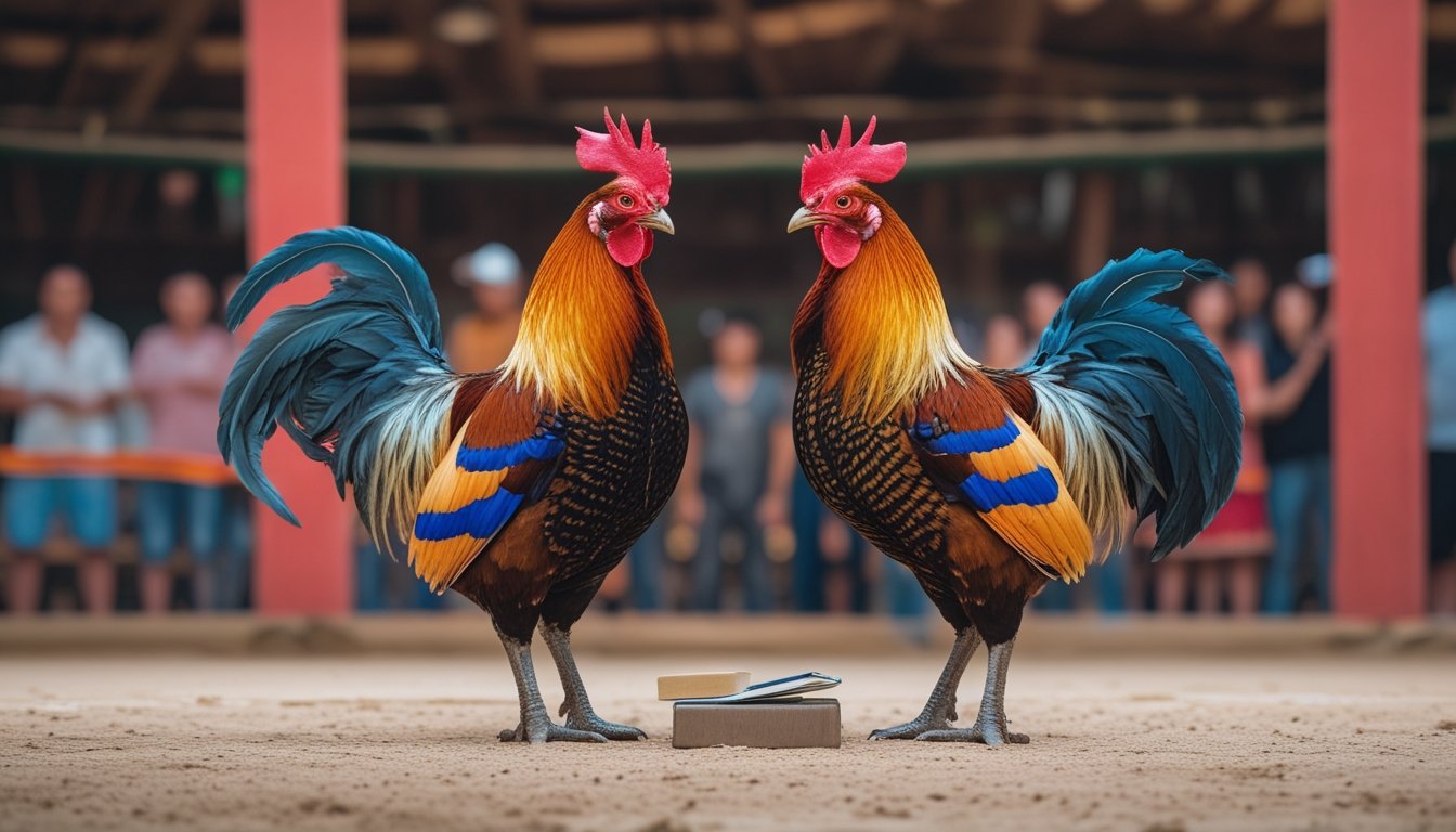 Dua ayam jantan berdiri berjauhan di arena, sementara seorang penonton mengamati catatan.