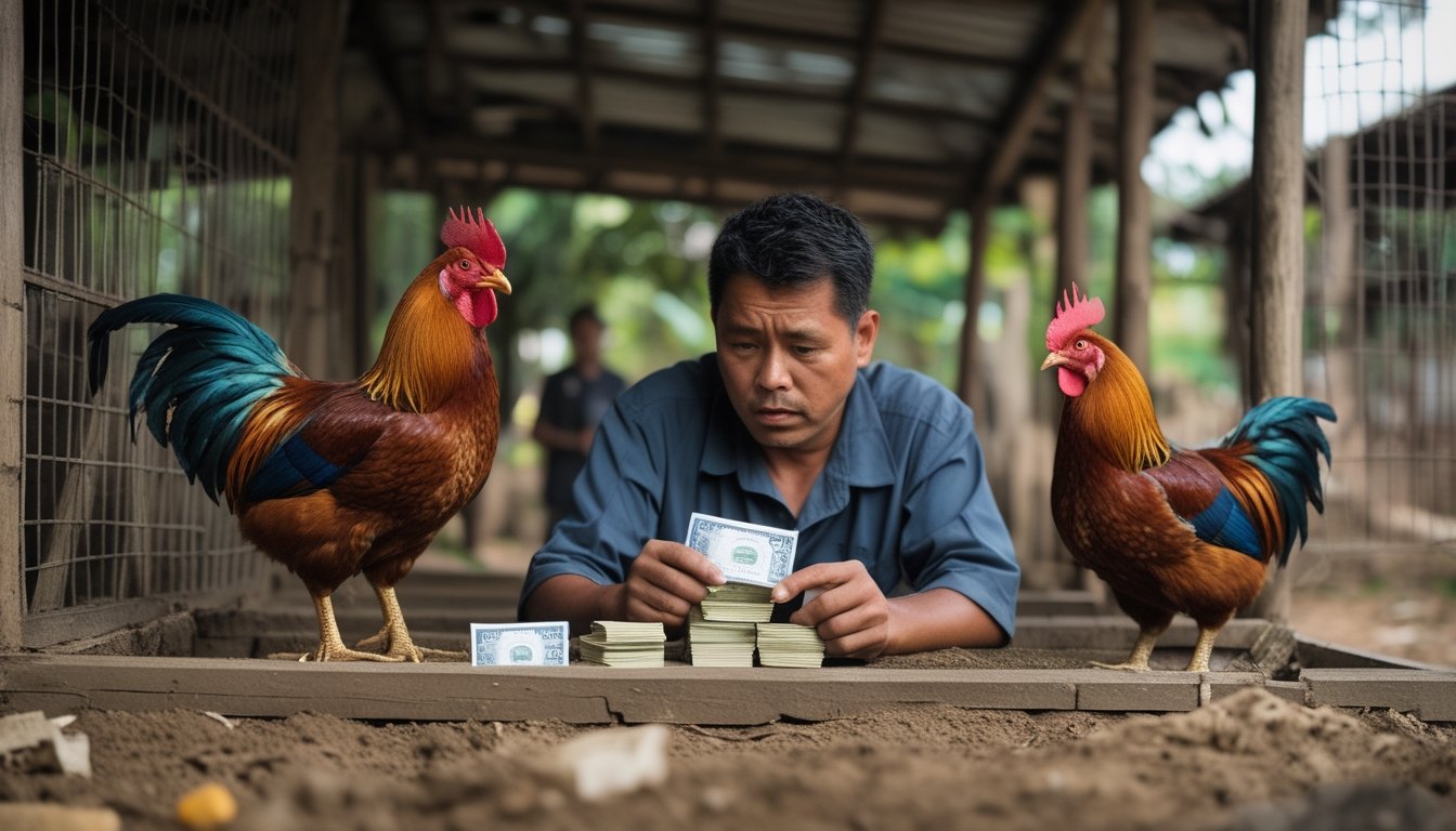 Seorang pria tampak cemas memegang uang di dekat kandang ayam dengan beberapa orang di latar belakang.