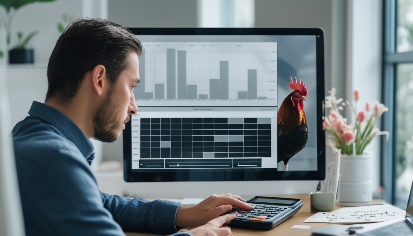Seseorang memeriksa grafik odds dan catatan perhitungan di depan laptop.