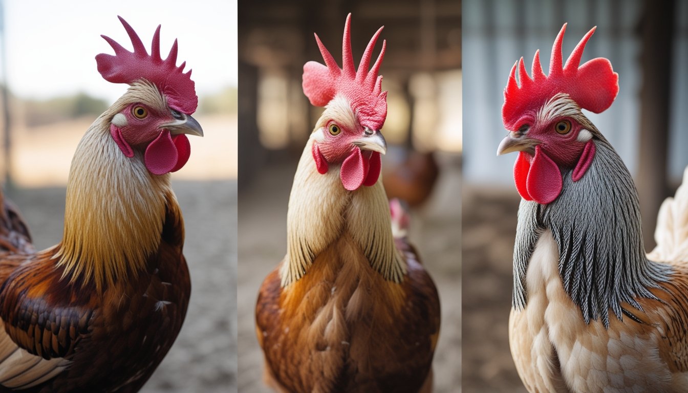 Tiga ayam jantan berdiri berdampingan di halaman.