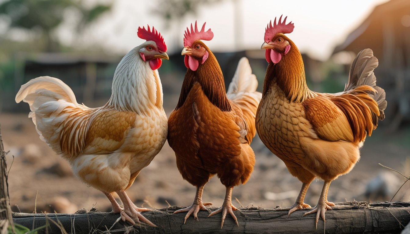 Tiga ayam jantan dengan warna dan bentuk tubuh berbeda berdiri berdampingan di lingkungan peternakan.