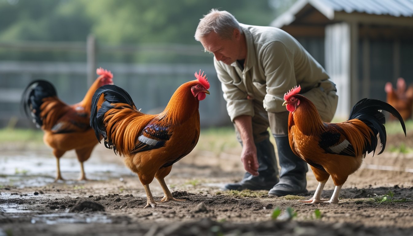 Seorang peternak mengamati seekor ayam jantan di kandang terbuka.