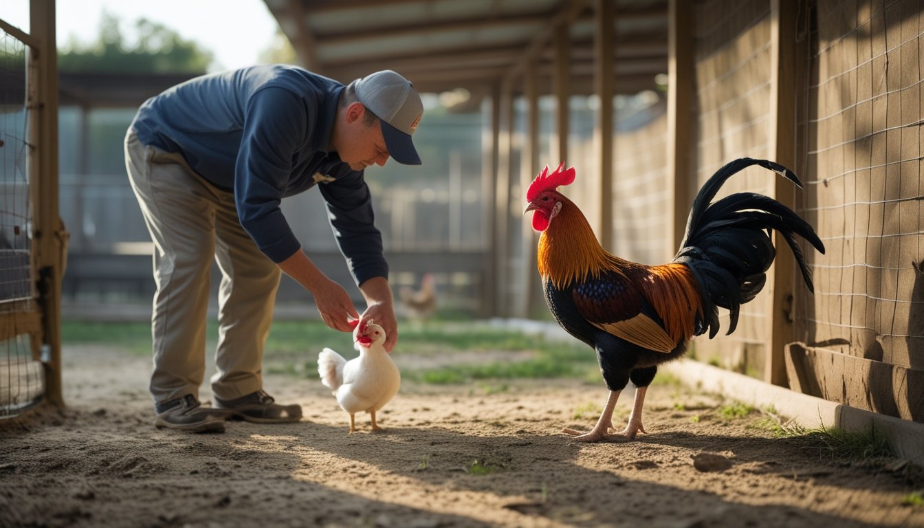 Seorang peternak mengamati ayam jantan yang berdiri di kandang bersih.