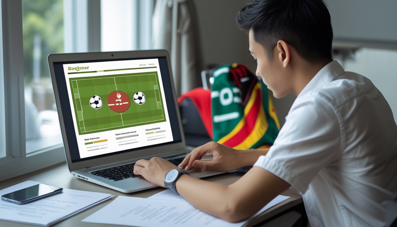 Seorang pemula memeriksa informasi tentang sepak bola daring di laptop di meja rumah.