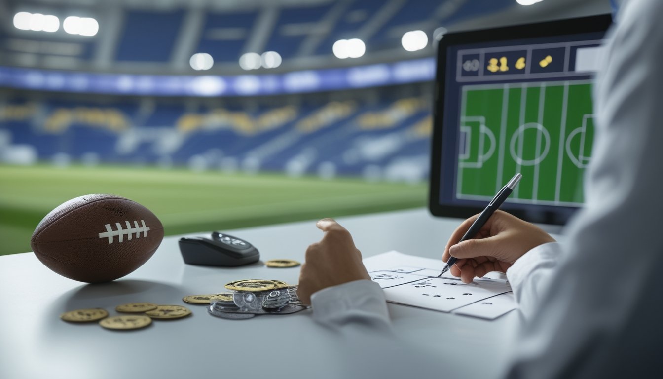 Seseorang mempelajari diagram pertandingan sepak bola di meja.