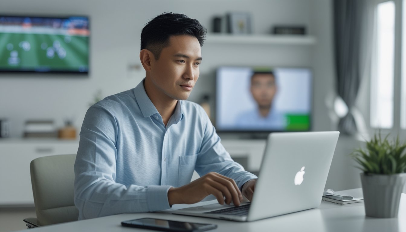 Seorang pria memeriksa situs sepak bola di laptop dengan ponsel di dekatnya.