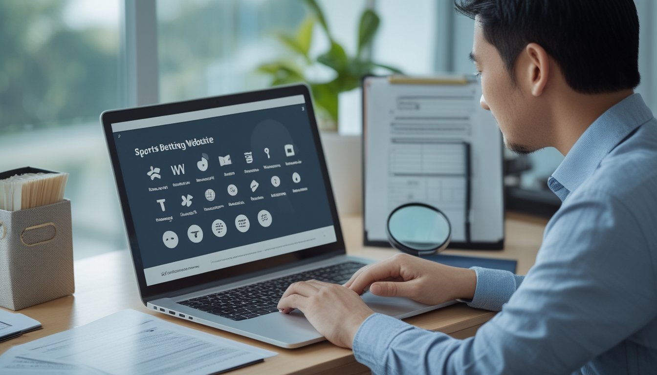 Seseorang memeriksa situs di laptop dengan kaca pembesar dan dokumen di meja.