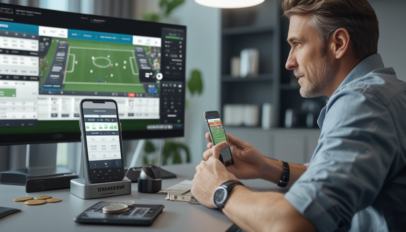 Seorang penggemar sepak bola melihat pertandingan sambil menggunakan ponsel di meja.