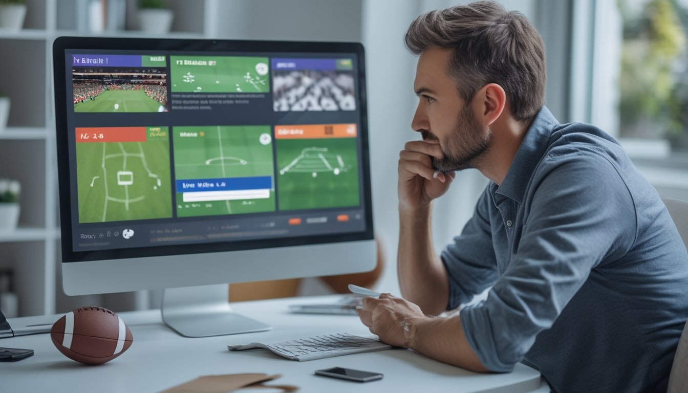 Seorang penggemar sepak bola meninjau beberapa pertandingan di laptop di meja.