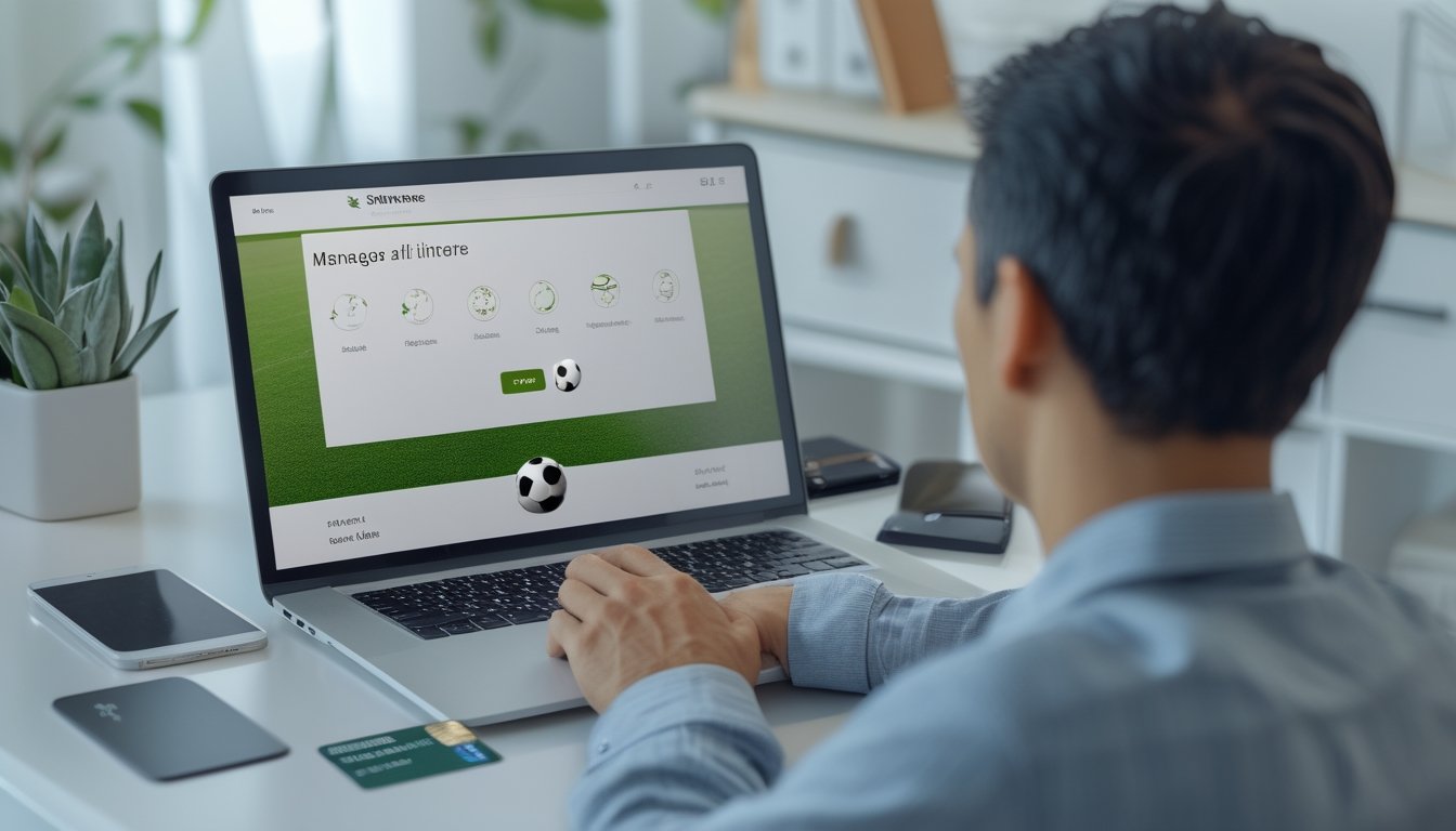 Seseorang menggunakan laptop di meja dengan ponsel dan kartu bank di dekatnya.