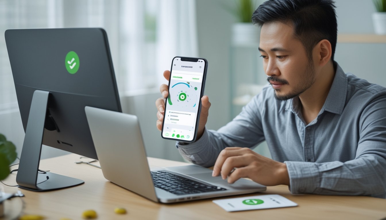 Seorang pria memeriksa ponsel dan laptop sebelum melakukan transaksi.