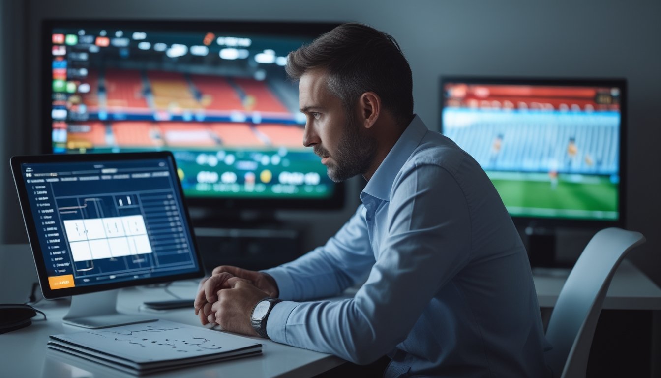 Seorang penggemar sepak bola menganalisis pertandingan Liga Inggris di ruang kerja.