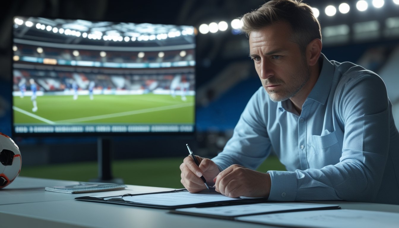 Seorang analis mempelajari pertandingan sepak bola dan catatan statistik di mejanya.