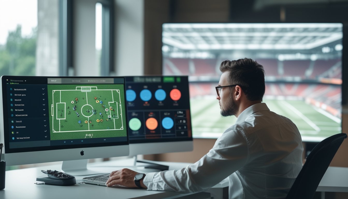Seorang analis mengamati visualisasi lapangan sepak bola dan grafik statistik di monitor.