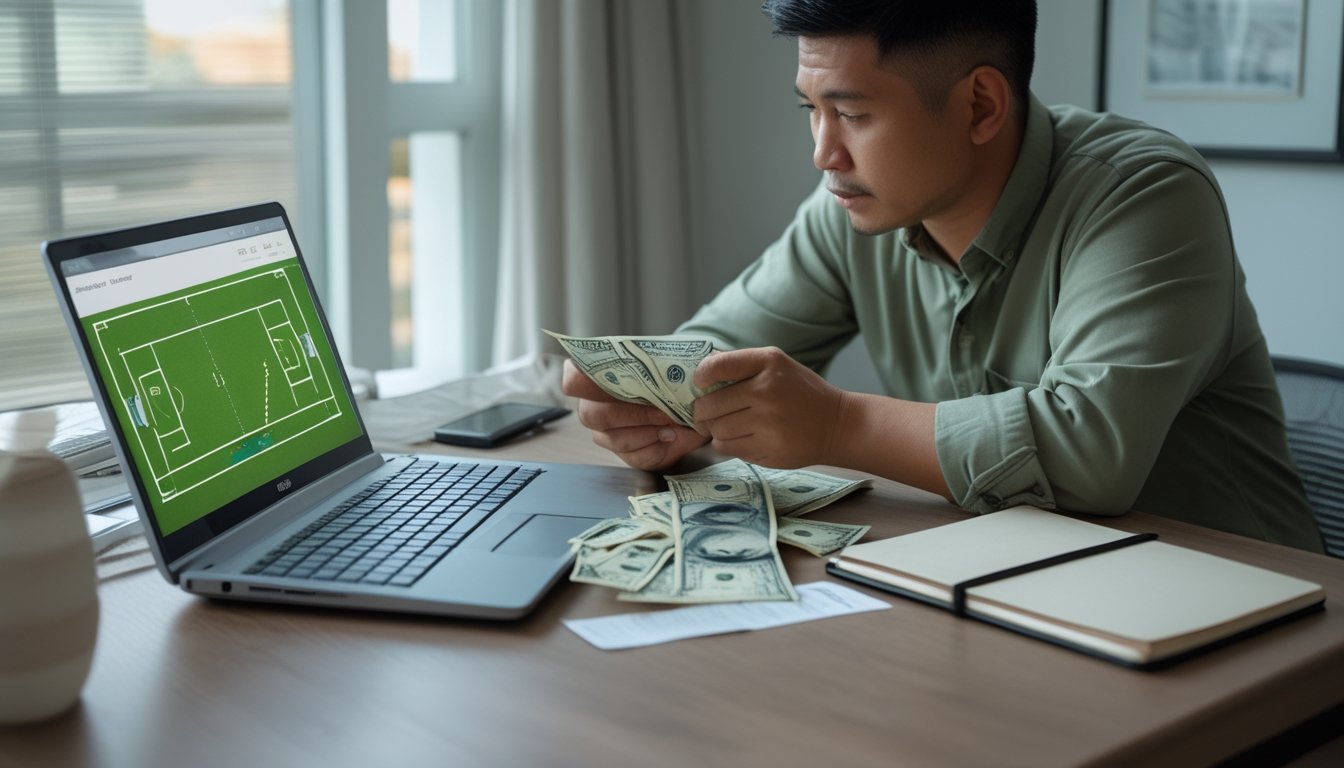 Seorang pria mengatur uang dan mencatat anggaran sambil menonton pertandingan sepak bola di laptop.