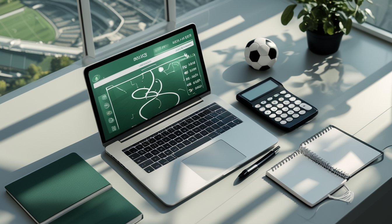 Laptop dengan tampilan pertandingan sepak bola abstrak, kalkulator, buku catatan kosong, pena, dan bola sepak di atas meja.