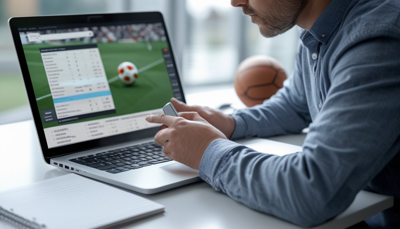 Seorang analis menghitung odds pertandingan sepak bola di meja kerja.
