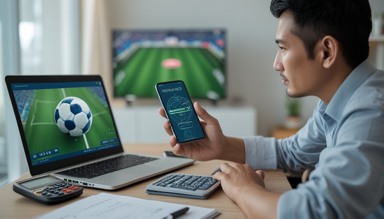 Seorang pria memeriksa pertandingan sepak bola di laptop sambil mencatat di meja.