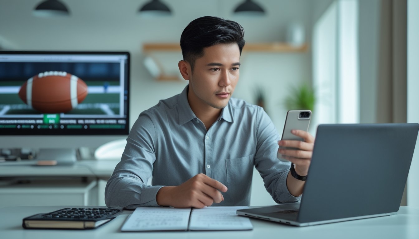 Seorang pria memeriksa pertandingan sepak bola di laptop dan ponsel dengan sikap hati-hati.