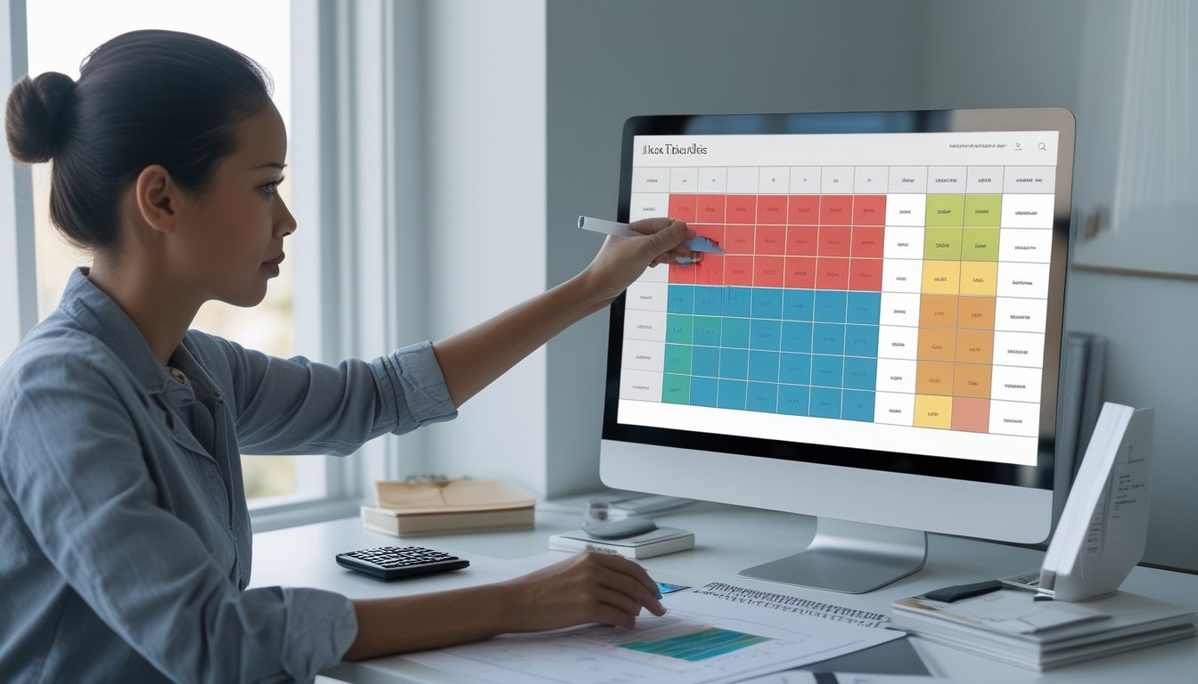 Seorang analis memeriksa tabel berwarna di monitor sambil membandingkan pola pada lembar cetak.