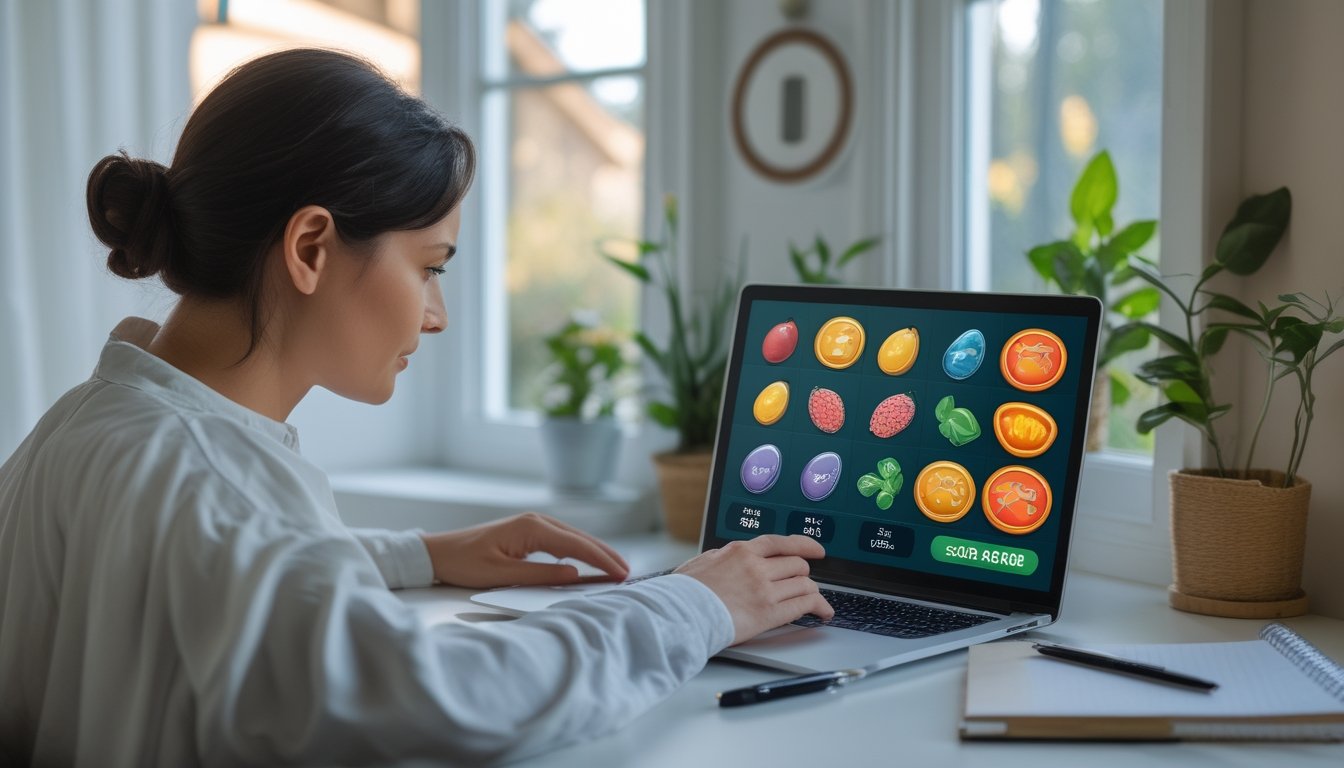 Seorang pemula menggunakan laptop untuk melihat permainan slot sambil mencatat di meja.