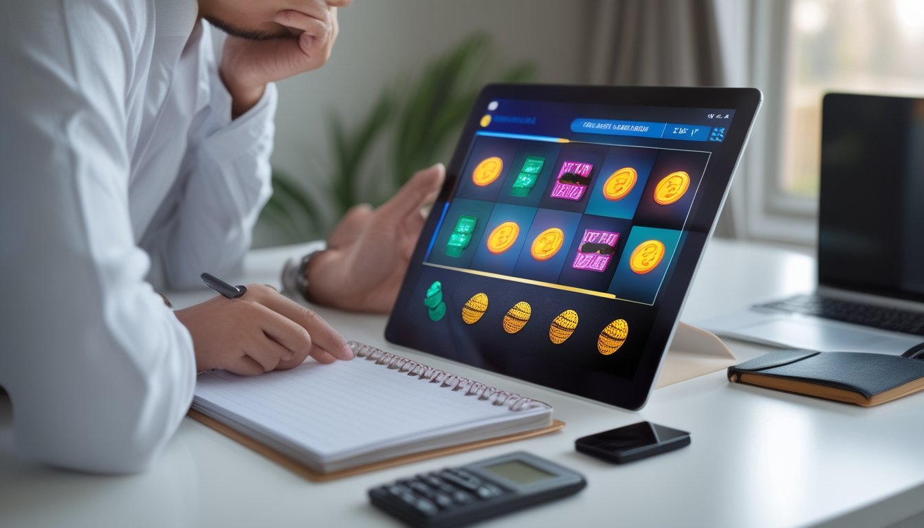 Seseorang mempelajari permainan slot di tablet sambil menyiapkan buku catatan dan kalkulator.