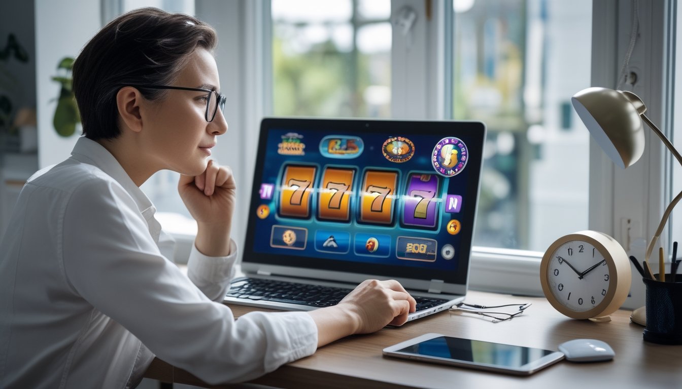 Seseorang memeriksa tampilan permainan slot di laptop dengan jam analog di meja.