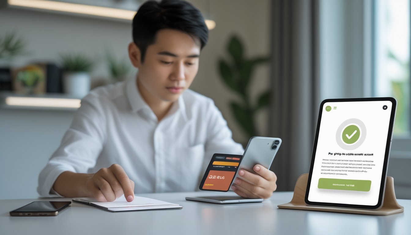 Seseorang menggunakan ponsel untuk mendaftar akun dan mengakses dompet digital.