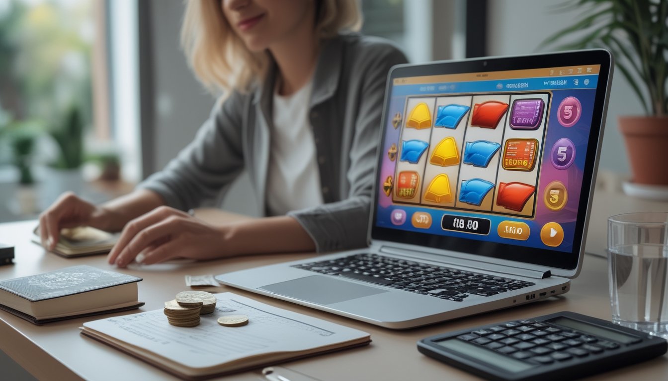 Seorang dewasa memeriksa uang dan buku anggaran di meja, dengan laptop yang menampilkan permainan slot.