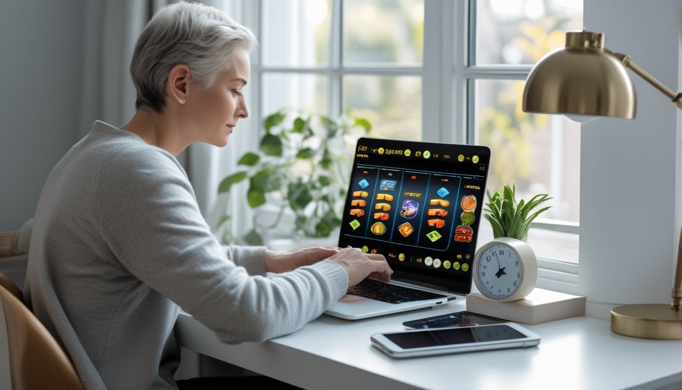 Seseorang memeriksa permainan slot di laptop dengan ponsel dan jam di meja.