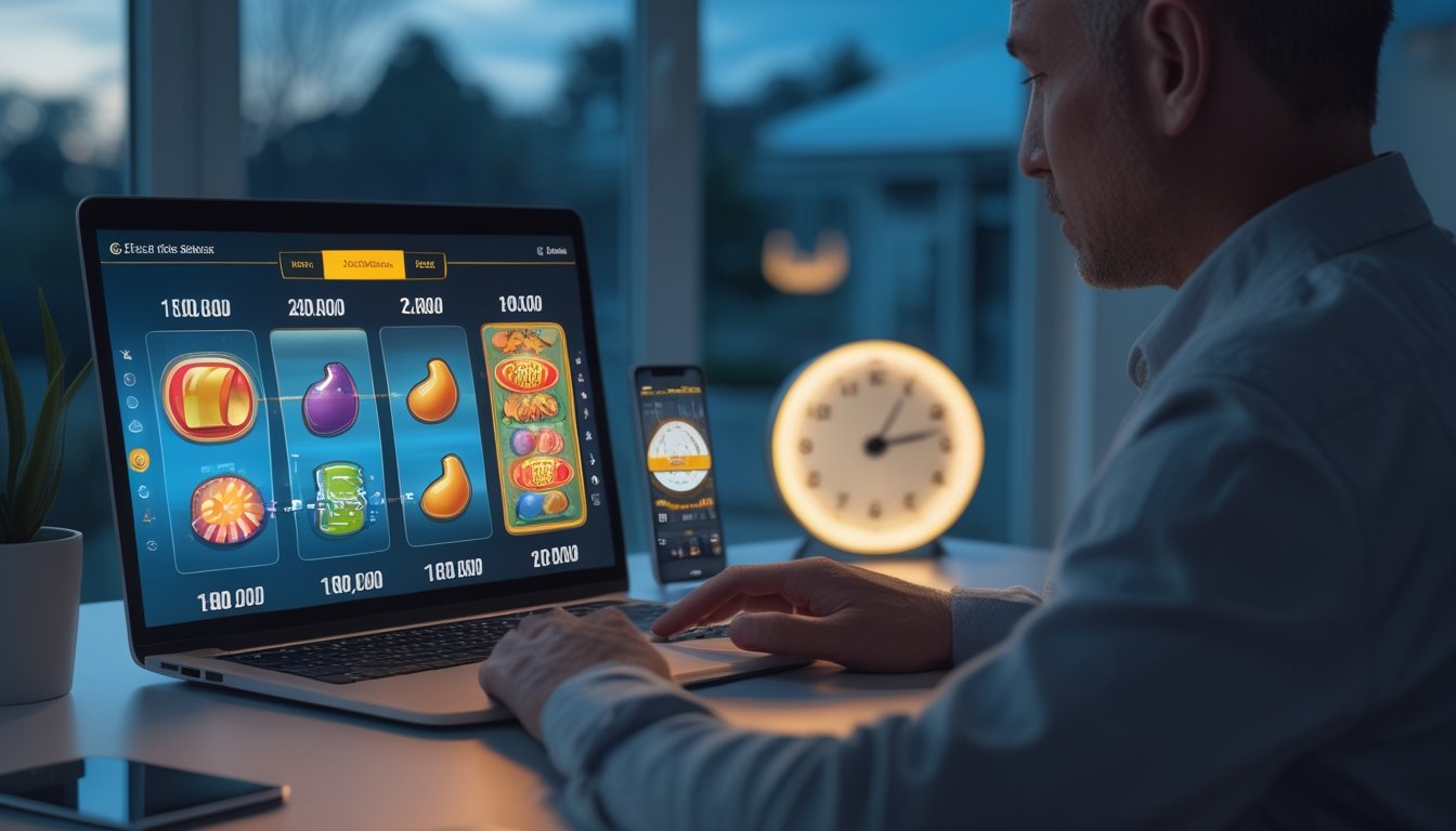 Seorang dewasa mengamati tampilan permainan slot di laptop dengan jam dan ponsel di meja.