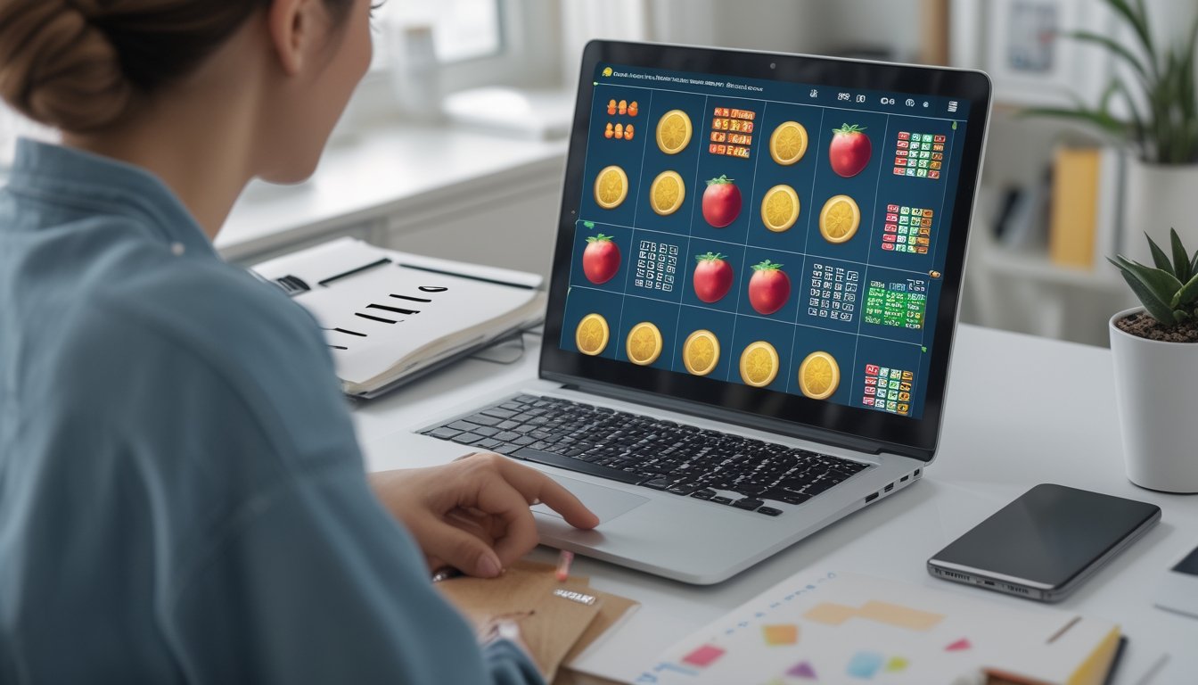 Seseorang mempelajari tampilan permainan slot di laptop sambil mencatat pola di buku.