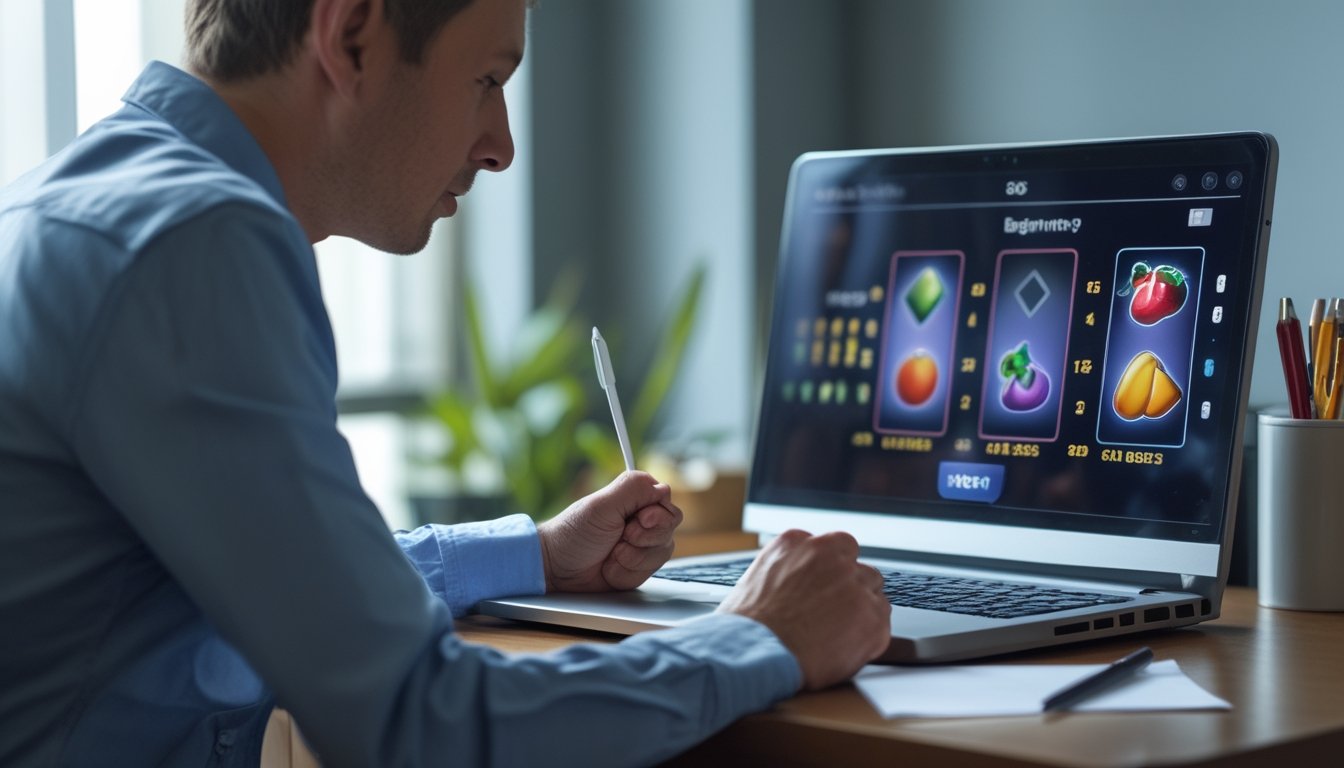 Seorang pemula mengamati hasil permainan slot di laptop sambil mencatat di buku.