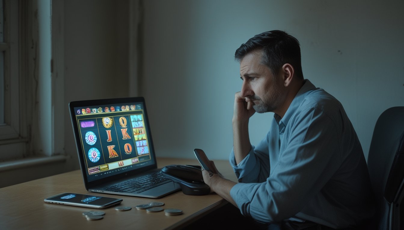 Seseorang tampak tegang saat melihat permainan slot di laptop, dengan ponsel dan beberapa koin di meja.