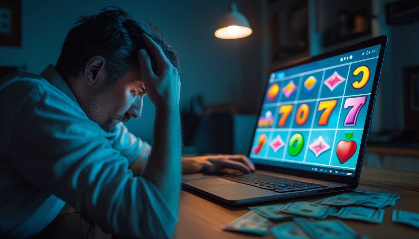 Seseorang tampak cemas saat menatap permainan slot di laptop.