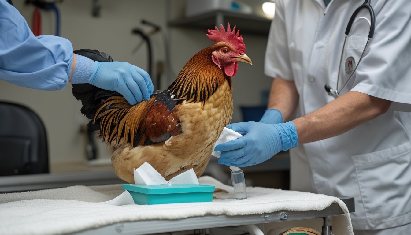 Seorang perawat memeriksa luka ringan pada ayam jantan dengan hati-hati.