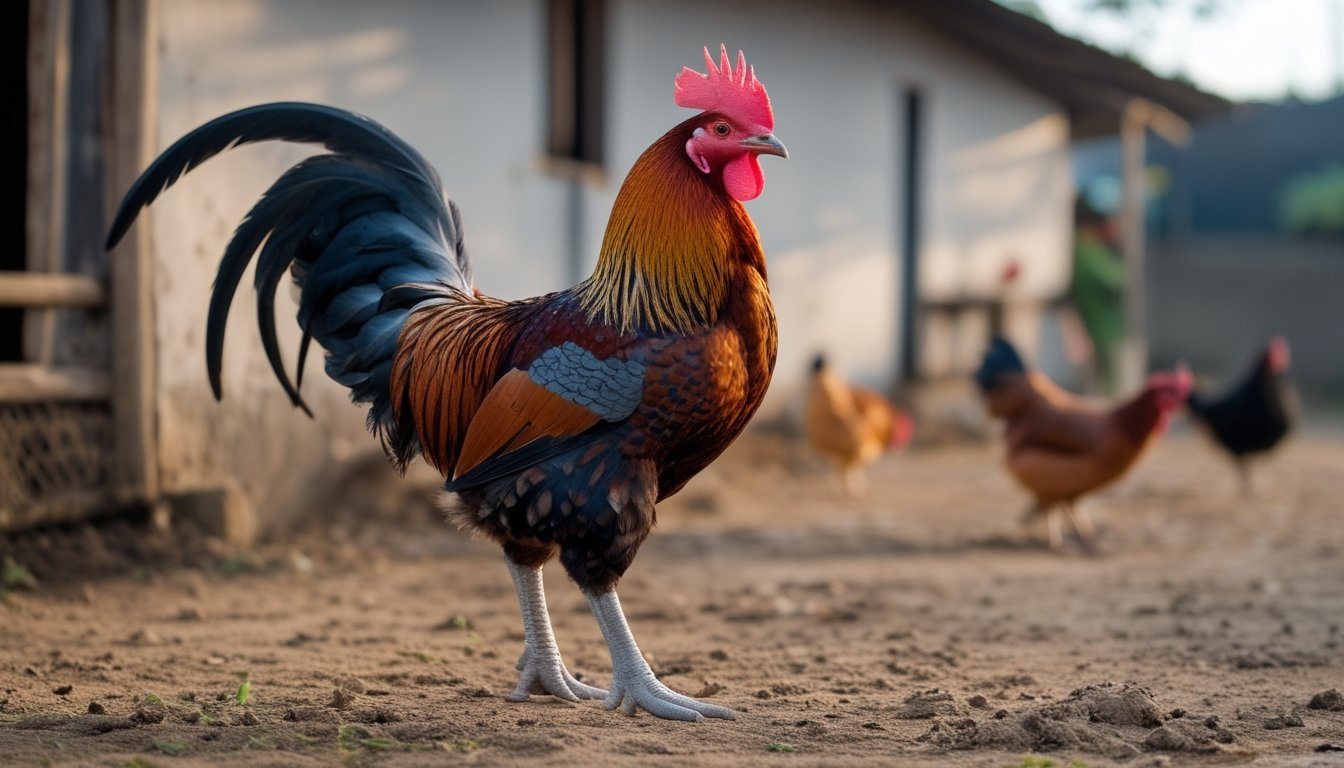 Seekor ayam jantan berdiri tegap di halaman peternakan, dengan kaki yang kuat terlihat jelas.