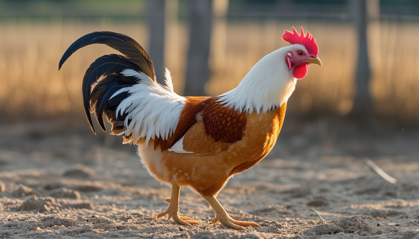 Ayam jantan berdiri di atas tanah dengan kedua kakinya terlihat jelas.