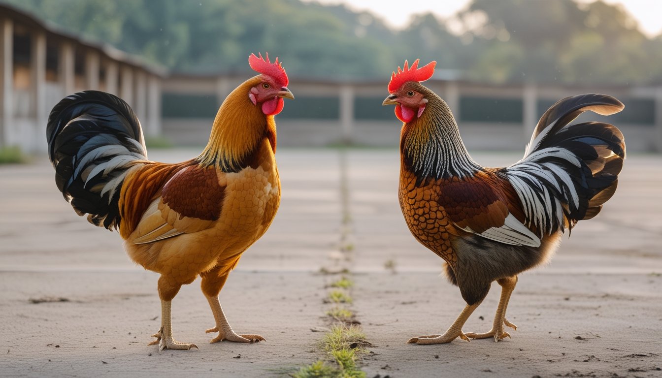 Dua ayam jantan berdiri saling berhadapan di halaman terbuka.