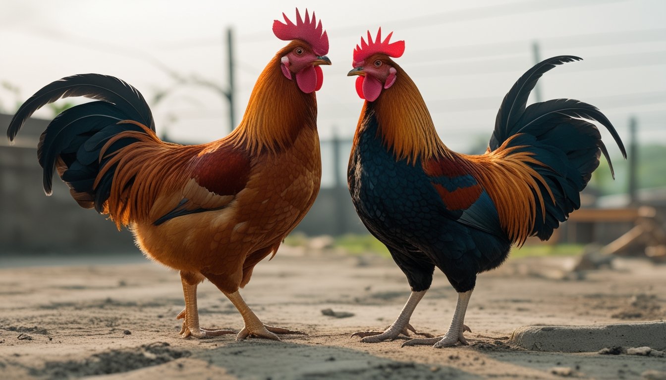 Dua ayam jantan berdiri berdampingan di halaman peternakan.