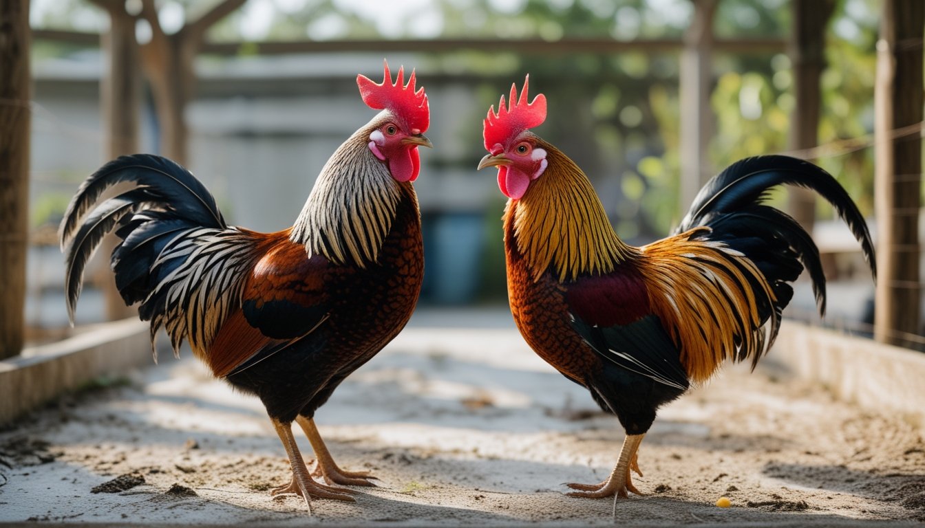Seorang pemula mengamati ayam Pangeran dan ayam Pakshoy yang berdiri berdampingan di kandang terbuka.